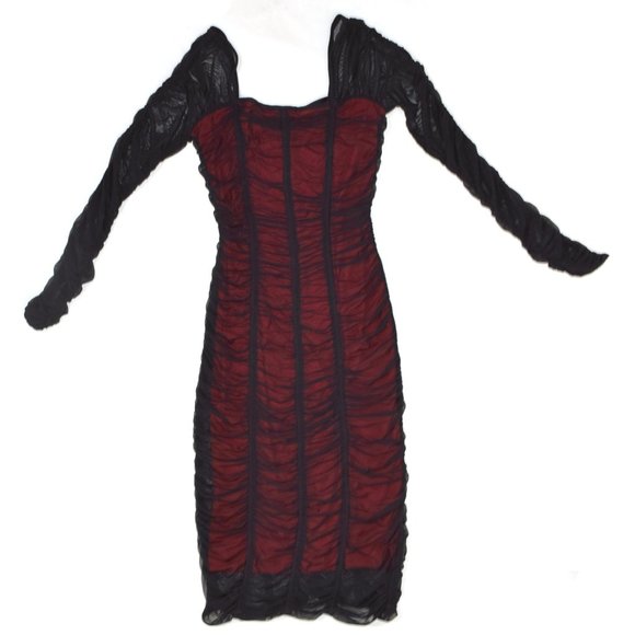 SUE WONG Black Red Mesh Ruched Midi Sheath Dress - Picture 7 of 9